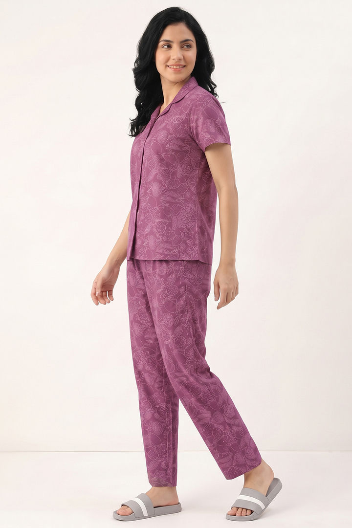 Zivame Mixed Fruit Buttersoft Knit Poly Pyjama Set - Red Violet — image 4